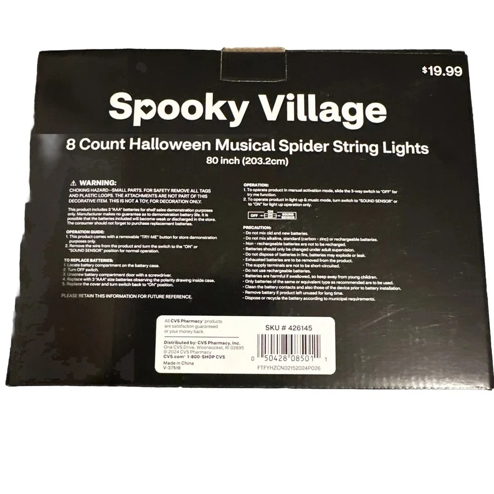 NIB Spooky Village 8 Count Musical Spider String Blue Lights 80